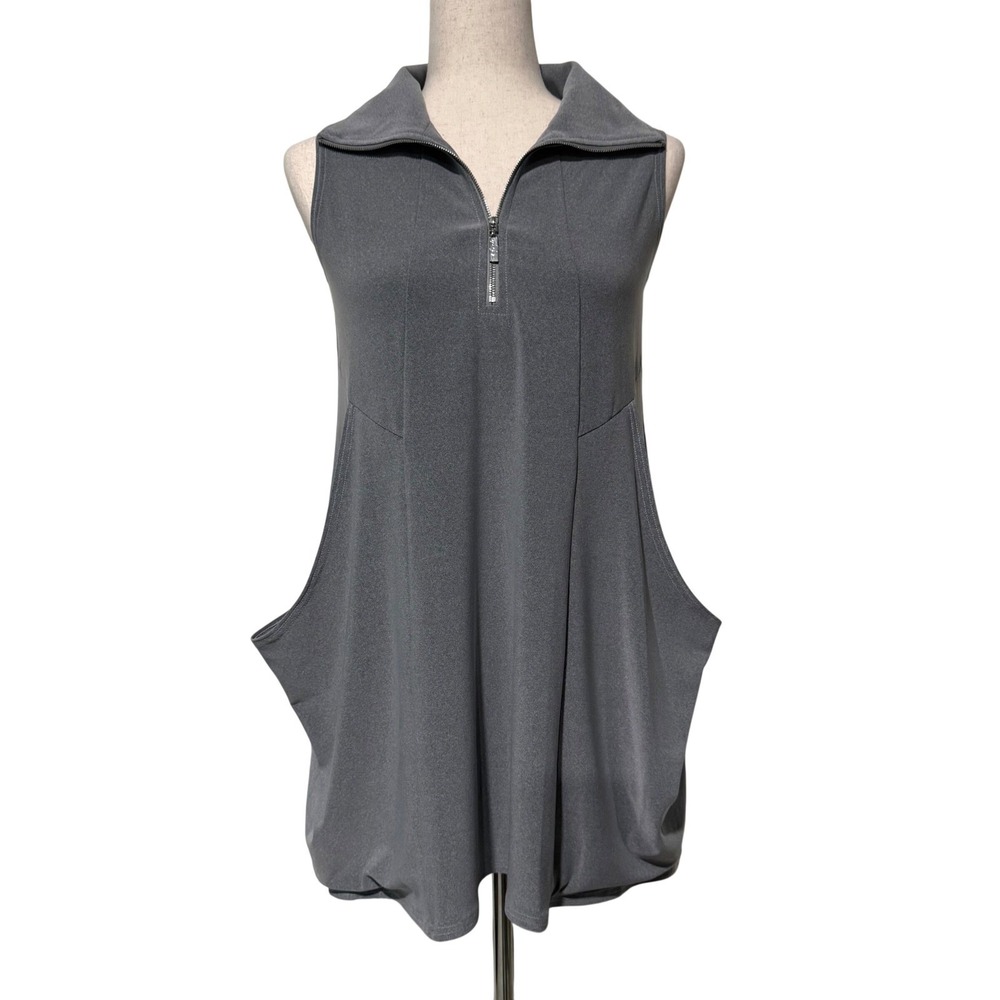 Sympli Women Grey Sleeveless Quarter Zip Polo Dress Pockets Lagenlook Medium